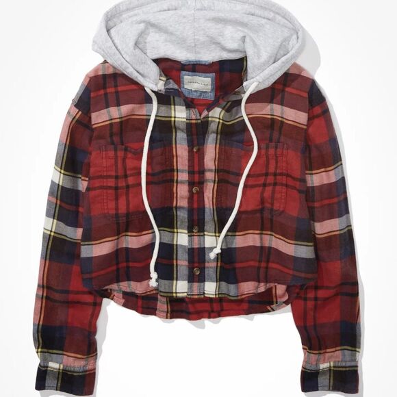 American Eagle Cozy Cabin Cropped Hoodie Flannel Plaid Shirt Women’s Small - Picture 3 of 11